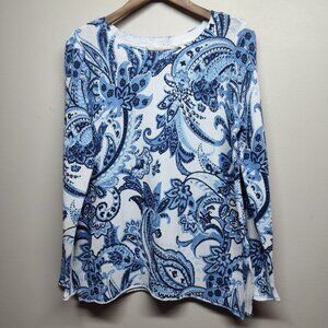 Soft Surroundings Light Sweater Women Size M White Blue Floral Cotton Casual